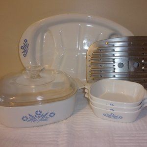 Corning Ware LOT of 7 Vintage Original Corn Flower Blue, Roaster, 2qt. Casserole